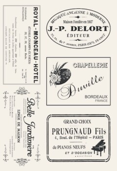 Etiquette Vintage - Set de 5 étiquettes publicitaires vintage illustres au début du 20° siècle. 14,2 x 6,7 cm / 11.,5x 8,6 cm. Réf. AT012 Transfert Amatxi Etiquette Vintage Planche