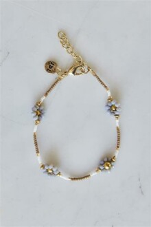 Bracelet or bleu pastel motif floral - Verre - Fer - 21cm - Réf. 904037 Bracelet or bleu pastel motif floral - Verre - Fer - 21cm - Réf. 904037