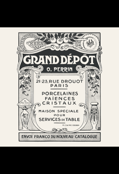 Brocante - 38 x 47 cm. Les brocantes et marchés aux puces existent depuis l'Antiquité et aujourdhui de nombreuses boutiques permettent de chiner des objets anciens comme les vases Gallé illustrés sur cette publicité de l'époque. Réf. AT016 Transfert Amatxi Brocante