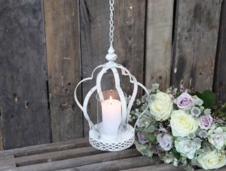 Photophore suspendu - couronne métal blanchi -Antique Crème - H24,5/D20 cm - Réf. 64525-19 64525-19 -photophore suspendu